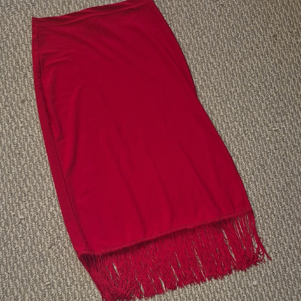 H&M Vibrant Red Midi Skirt with Fringe